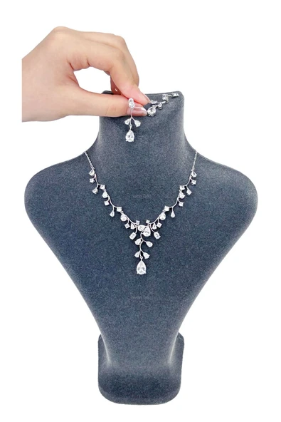 Zirkon Taşlı, Rodyum Kaplama Kolye Küpe Seti 59, Gümüş Renk - 4