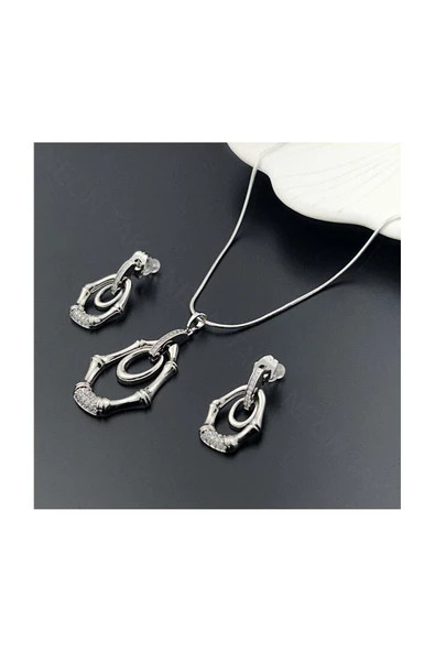 Zirkon Taşlı, Küpe Ve Kolye, Platinyum Kaplama Çelik Set 45, Gümüş Renk - 3