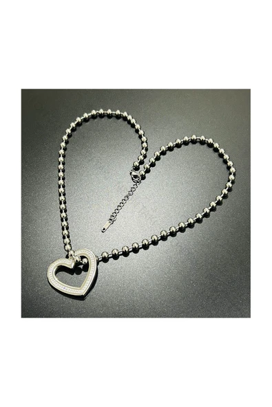 Kolye, Zirkon Taşlı, Kararmayan Paslanmaz Çelik, Top Zincirli, Uzun Model, Gümüş Renk, Model231 - Resim 3