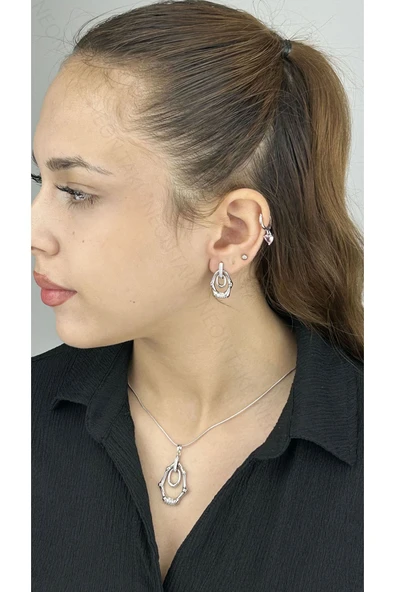 Zirkon Taşlı, Küpe Ve Kolye, Platinyum Kaplama Çelik Set 45, Gümüş Renk - 1