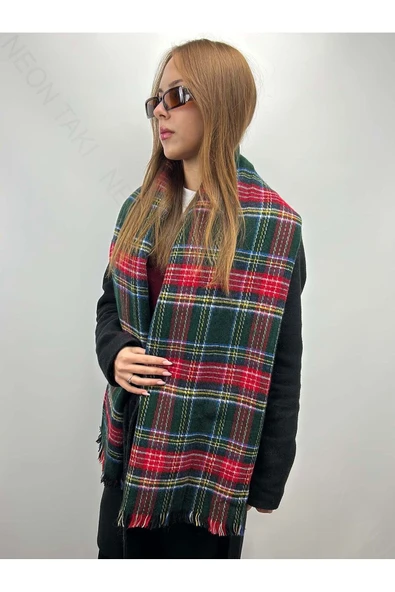 Yeşil Fonda Çok Renkli, Şal Atkı 7, 180cm(PÜSKÜLLER DAHİL)x70cm - 1