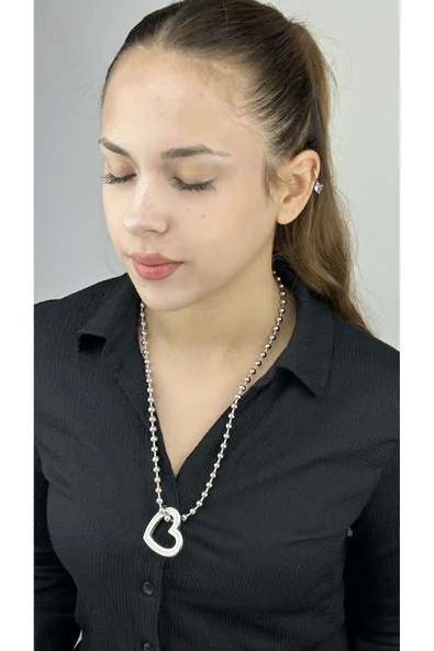 Kolye, Zirkon Taşlı, Kararmayan Paslanmaz Çelik, Top Zincirli, Uzun Model, Gümüş Renk, Model231 - Resim 2