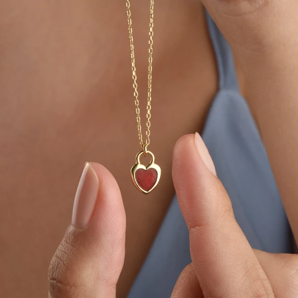 14 Ayar Mikron Altın Kaplama Renkli Mine Kalp Kolye – Turkuaz, Kırmızı, Opal -CNE00139 - Resim 2