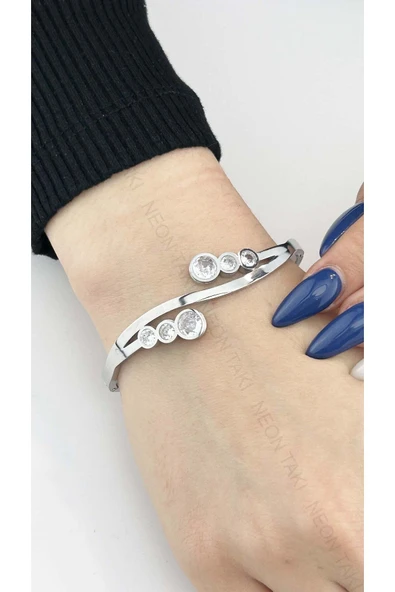 Kelepçe Bileklik, Zirkon Taşlı, Kararmayan Paslanmaz Çelik, Gümüş Renk, Model89 ürün görseli 1