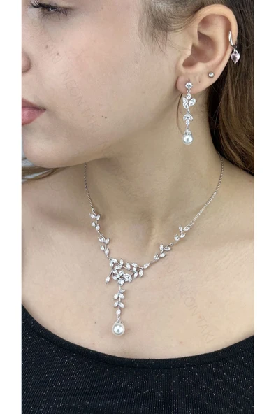 Zirkon Taşlı, Rodyum Kaplama Kolye Küpe Seti 60, Gümüş Renk - 2