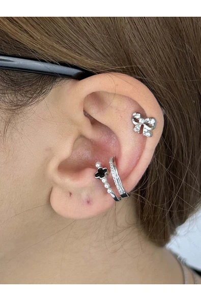 Küpe, Zirkon Taşlı, Kararmayan Çelik, Kıkırdak bölgesi, Detaylı, Gümüş Renk, Model200 ürün görseli 1