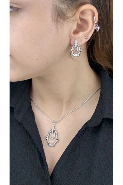 Zirkon Taşlı, Küpe Ve Kolye, Platinyum Kaplama Çelik Set 45, Gümüş Renk - 2