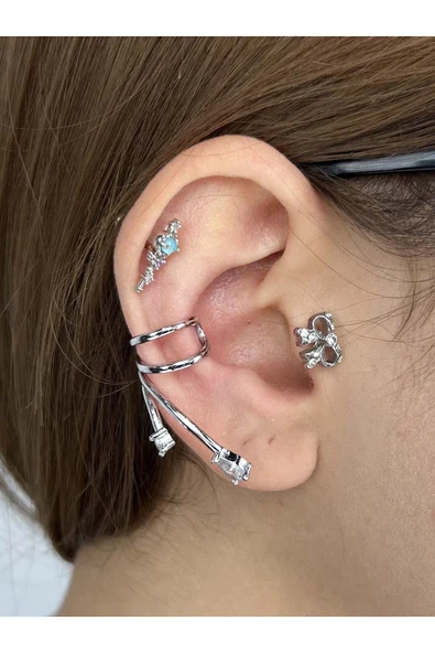 Küpe, Zirkon Taşlı, Kararmayan Çelik, Kıkırdak bölgesi, , Gümüş Renk, Model433 ürün görseli 1