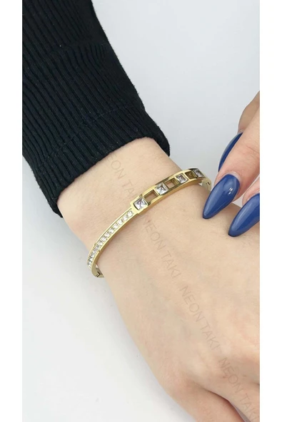 Kelepçe Bileklik, Zirkon Taşlı, Kararmayan Paslanmaz Çelik, Altın Renk, Model143 ürün görseli 1