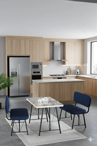 Elfin 70x110cm Sabit Efes, Yemek Masası, Yemek Masası Takımı, 2 Lacivert Benchli