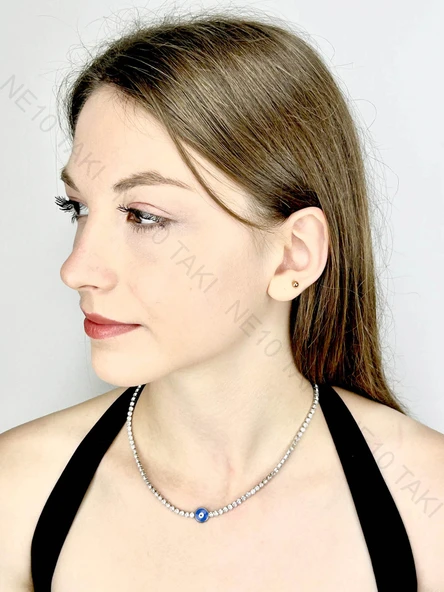 Kolye, Zirkon Taşlı, Kararmayan Paslanmaz Çelik, Su yolu, Nazar Detaylı, Gümüş Renk, Model246 ürün görseli 1