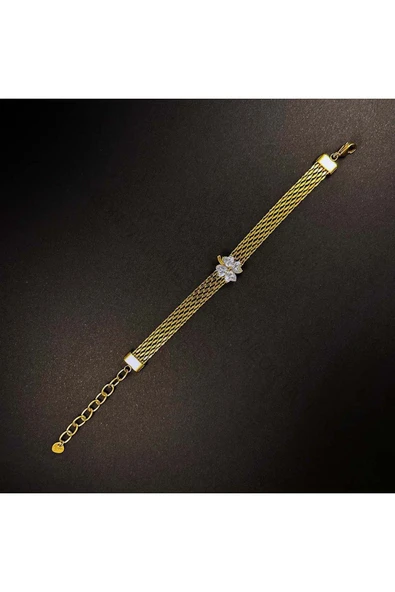 Xxx Zirkon Taşlı, Çiçek, Hasır Model, Paslanmaz Çelik Bileklik 27, Altın Renk - 4
