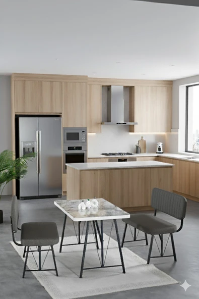 Elfin 70x110cm Sabit Efes, Yemek Masası, Yemek Masası Takımı, 2 Antrasit Benchli