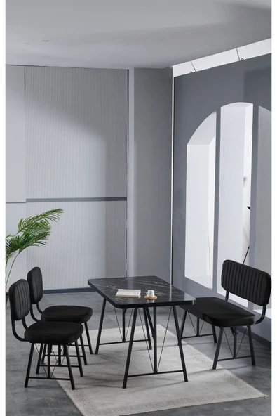 Elfin 70x110 Siyah Yemek Masası, Yemek Masası Takımı, 2 Sandalye 1 Bench - Siyah