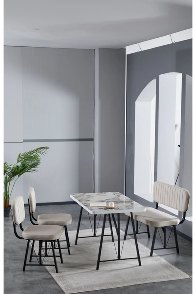 Elfin 70x110 Efes Yemek Masası, Yemek Masası Takımı, 2 Sandalye 1 Bench - Krem