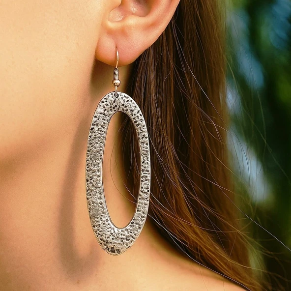 Oval Şekilli Kadın Küpe Çift Adet Gümüş Kaplama El Yapımı Küpe ürün görseli 1