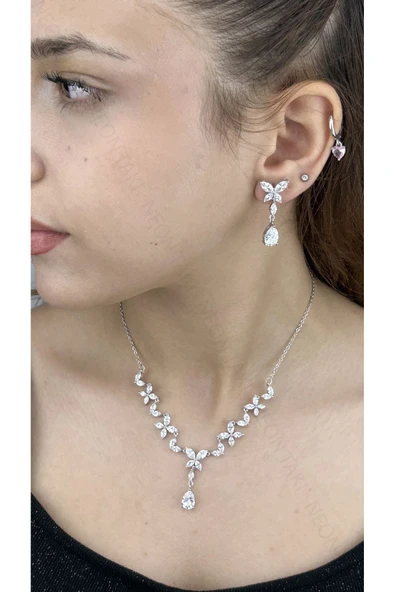 Zirkon Taşlı, Rodyum Kaplama Kolye Küpe Seti 57, Gümüş Renk - 3