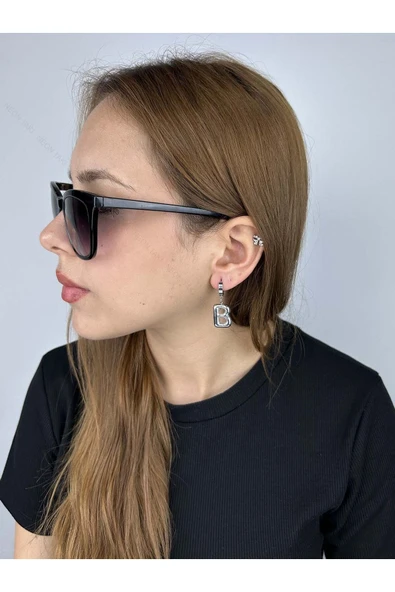 Harf Küpe, Kararmayan Paslanmaz Çelik, B Harf, Balon Formlu, Gümüş Renk, Model289 - Resim 2