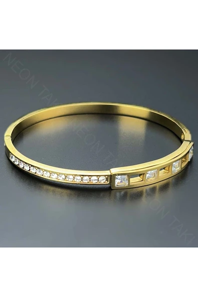 Kelepçe Bileklik, Zirkon Taşlı, Kararmayan Paslanmaz Çelik, Altın Renk, Model143 - Resim 3