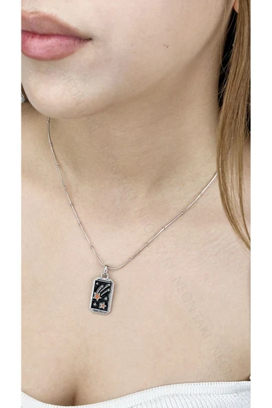 Kolye, Kararmayan Paslanmaz Çelik, Kayar Yıldız Detaylı, Gümüş Renk, Model307 - Resim 5