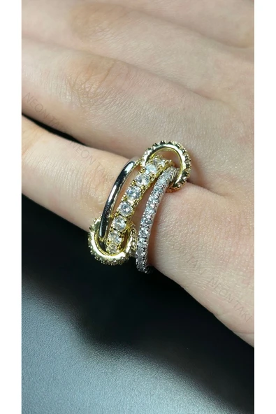 Zirkon Taşlı, Üçlü Yüzük 174, Gümüş ve Altın Renk, Ölçü 18mm - 1