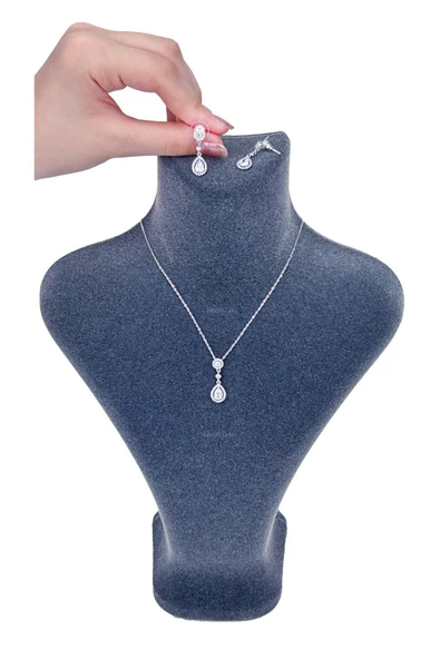 Zirkon Taşlı, Rodyum Kaplama Kolye Küpe Seti 55, Gümüş Renk - 1