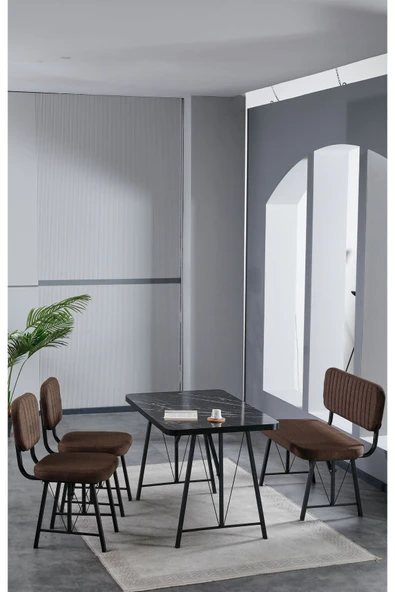 Elfin 70x110 Siyah Yemek Masası, Yemek Masası Takımı, 2 Sandalye 1 Bench - Kahverengi