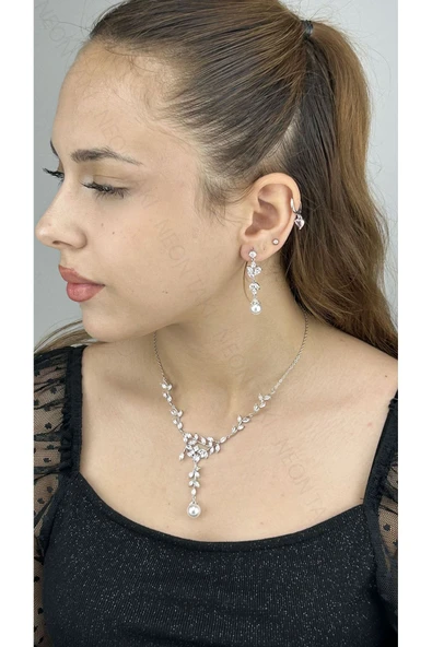 Zirkon Taşlı, Rodyum Kaplama Kolye Küpe Seti 60, Gümüş Renk - 3