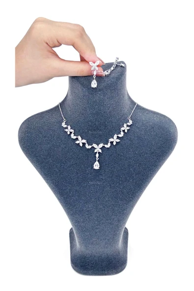 Zirkon Taşlı, Rodyum Kaplama Kolye Küpe Seti 57, Gümüş Renk - 1