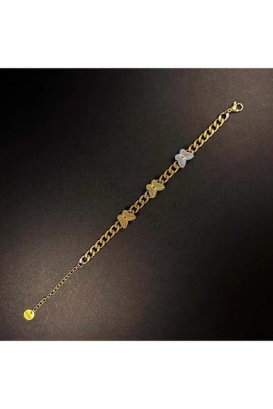 Bileklik, Zirkon Taşlı, Kararmayan Paslanmaz Çelik, Kelebek Detaylı, Altın Renk, Model36 - Resim 3