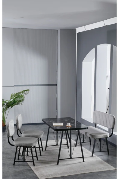 Elfin 70x110 Siyah Yemek Masası, Yemek Masası Takımı, 2 Sandalye 1 Bench - Gri
