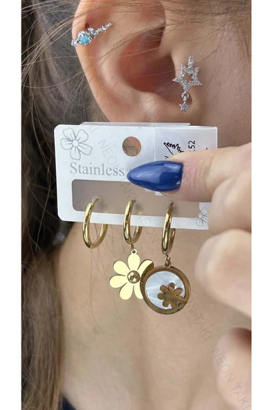 Küpe, Kararmayan Paslanmaz Çelik, Çoklu, Çiçek Detaylı, Altın Renk, Model152 ürün görseli 1