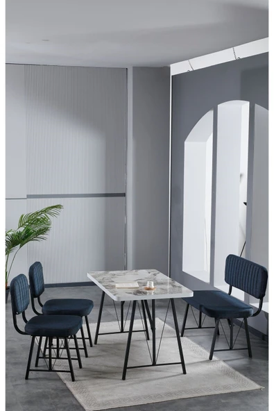 Elfin 70x110 Efes Yemek Masası, Yemek Masası Takımı, 2 Sandalye 1 Bench - Lacivert