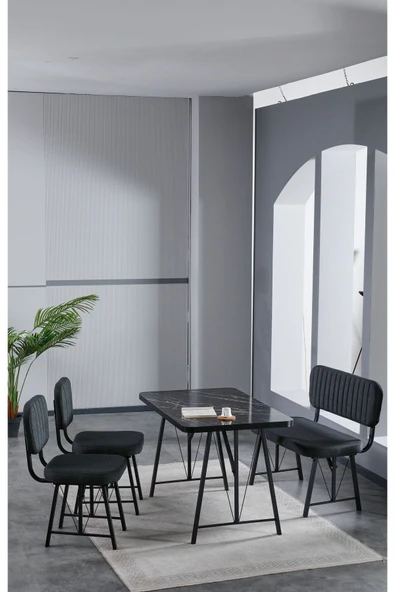 Elfin 70x110 Siyah Yemek Masası, Yemek Masası Takımı, 2 Sandalye 1 Bench - Antrasit