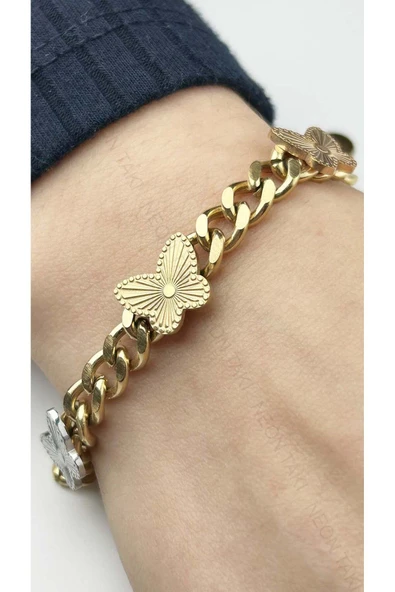 Bileklik, Zirkon Taşlı, Kararmayan Paslanmaz Çelik, Kelebek Detaylı, Altın Renk, Model36 - Resim 2