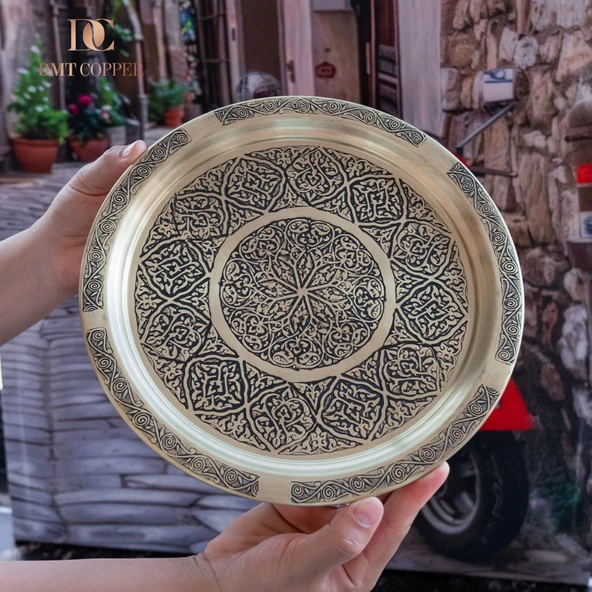 DMT Gaziantep Sarı Bakır 25 cm Osmanlı El İşi Sunum Gold tepsi Kına tepsisi 25 cm ürün görseli