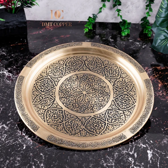 DMT Gaziantep Sarı Bakır 25 cm Osmanlı El İşi Sunum Gold tepsi Kına tepsisi 25 cm - Resim 2