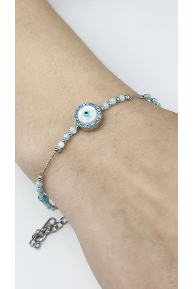 Bileklik, Zirkon Taşlı, Kararmayan Paslanmaz Çelik, Nazar Detaylı, Gümüş Renk, Model491 - Resim 3