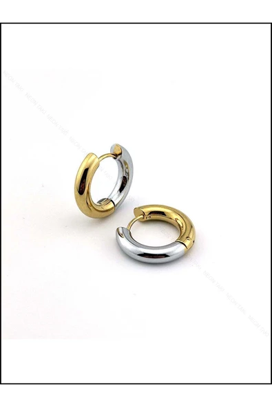 Çift Renk, Kalın Halka Model, Paslanmaz Çelik Küpe 565, Altın Renk - 3