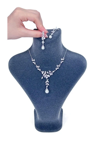 Zirkon Taşlı, Rodyum Kaplama Kolye Küpe Seti 60, Gümüş Renk - 1