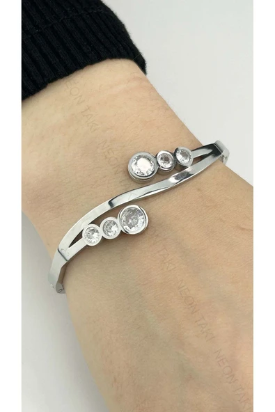 Kelepçe Bileklik, Zirkon Taşlı, Kararmayan Paslanmaz Çelik, Gümüş Renk, Model89 - Resim 2