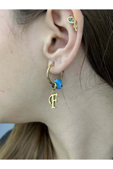 Harf Küpe, Kararmayan Paslanmaz Çelik, F Harf, Nazar Detaylı, Altın Renk, Model160 ürün görseli 1