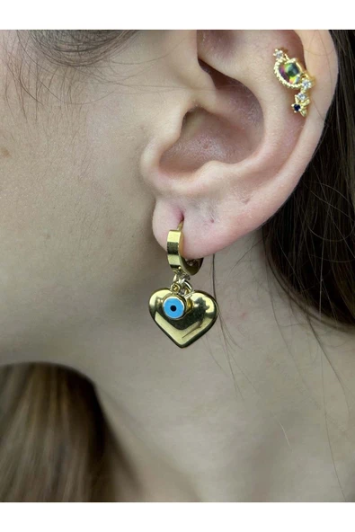 Küpe, Kararmayan Paslanmaz Çelik, Göz ve Kalp Detaylı, Altın Renk, Model14 ürün görseli 1