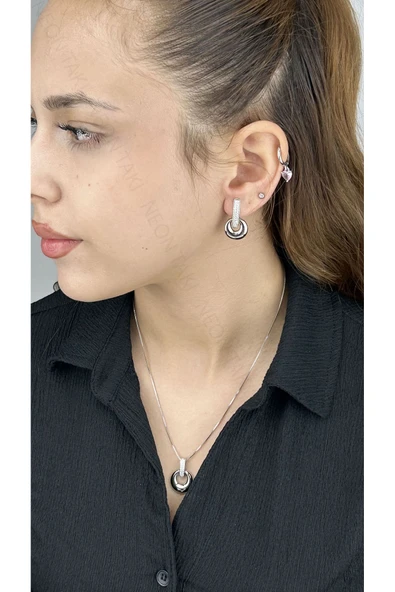 Zirkon Taşlı, Küpe Ve Kolye, Platinyum Kaplama Çelik Set 42, Gümüş Renk - 1