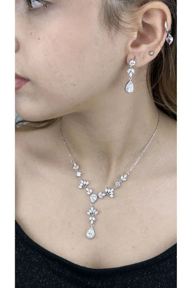 Zirkon Taşlı, Rodyum Kaplama Kolye Küpe Seti 51, Gümüş Renk - 3