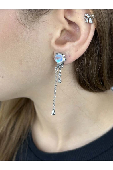 Küpe, Zirkon Taşlı, Kararmayan Çelik, Yıldız Detaylı, Gümüş Renk, Model516 ürün görseli 1