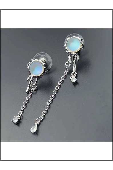 Küpe, Zirkon Taşlı, Kararmayan Çelik, Yıldız Detaylı, Gümüş Renk, Model516 - Resim 3