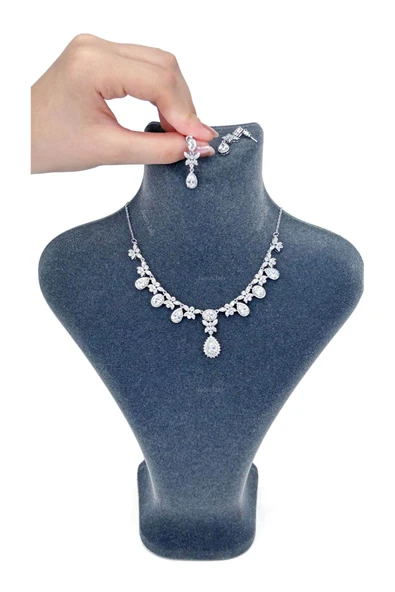 Zirkon Taşlı, Rodyum Kaplama Kolye Küpe Seti 52, Gümüş Renk - 4
