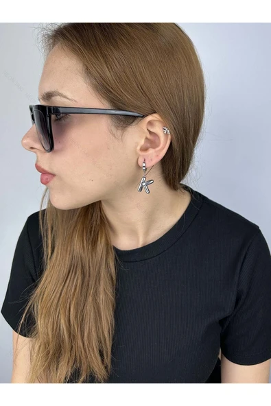 Harf Küpe, Kararmayan Paslanmaz Çelik, K Harf, Balon Formlu, Gümüş Renk, Model296 - Resim 2