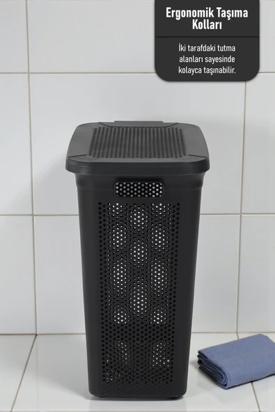 İronika Slim Kapaklı Dekoratif Kirli Çamaşır Sepeti 45 Litre - Siyah - 4